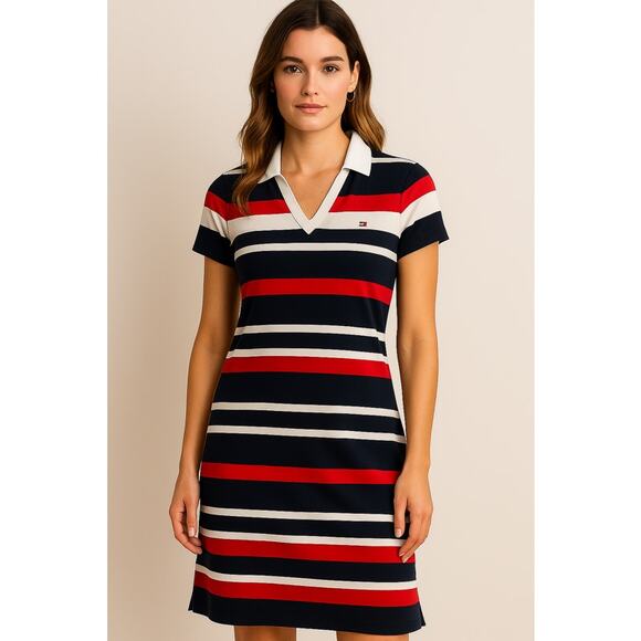 Tommy Hilfiger Striped Polo Dress –Navy Red White –Classic Preppy Short V-Neck - Picture 1 of 9